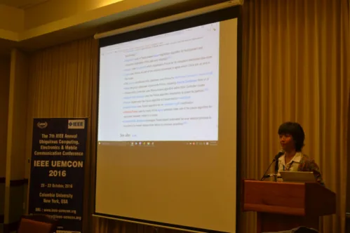 Prof. Annie Liu, a Professor of Computer Science at SUNY Stony Brook , USA delivering her keynote address at IEEE UEMCON 2016, at the Columbia University, New York, USA