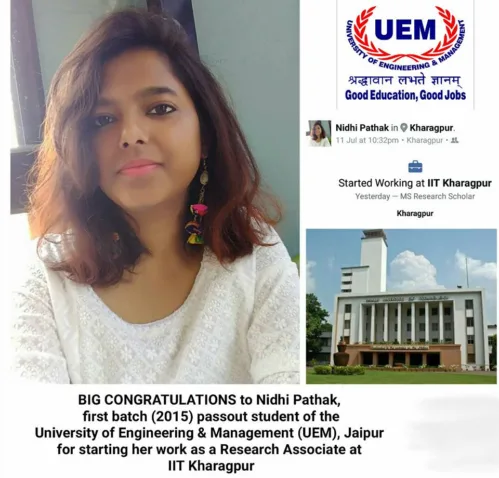 CONGRATULATIONS to Nidhi Pathak, 1st batch (2015) passout student of the UEM, Jaipur for starting her work as a Research Associate of IIT Kharagpur