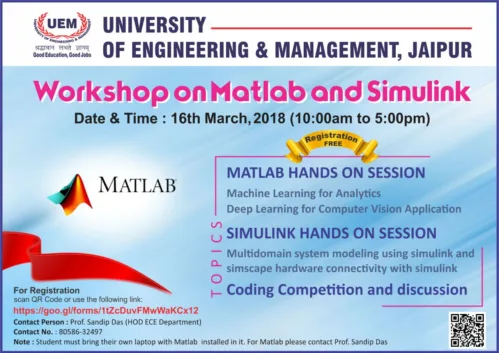 Workshop on Matlab & Simulink at UEM, Jaipur