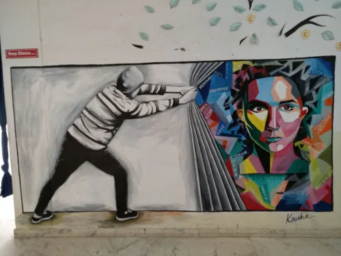 A wall of UEM Jaipur, having been painted by Koushik Nath, current 4th year student of UEM Jaipur