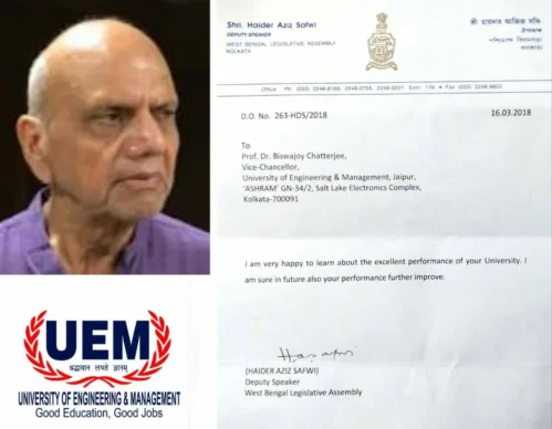 UEM Jaipur is proud to receive a letter of appreciation from Shri Haider Aziz Safwi, Deputy Speaker, West Bengal Legislative Assembly