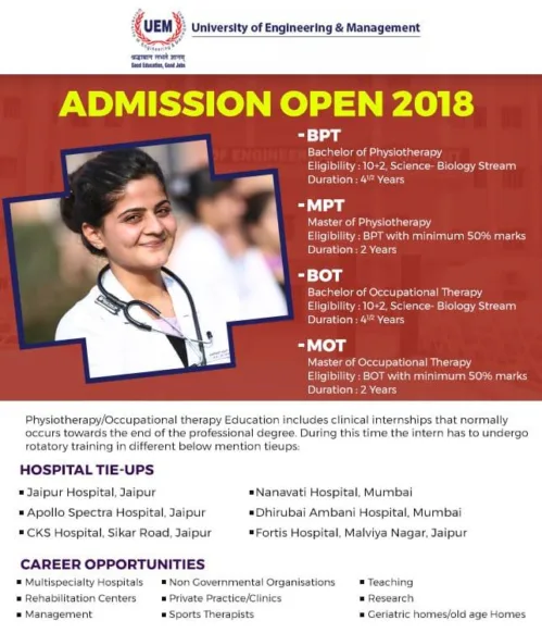 Admissions open for BPT, MPT, BOT, MOT courses at UEM Jaipur