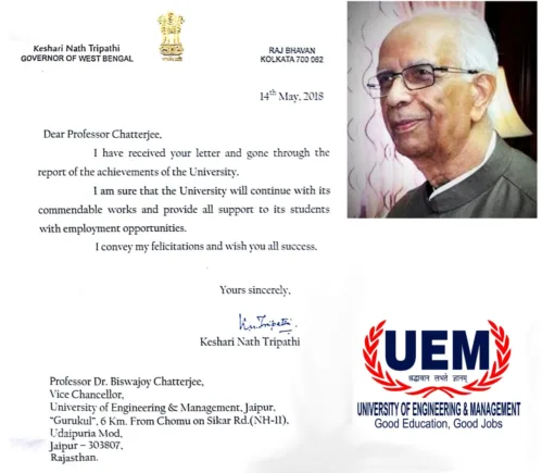 UEM Jaipur received letter of appreciation fromHon’ble Governor of West Bengal