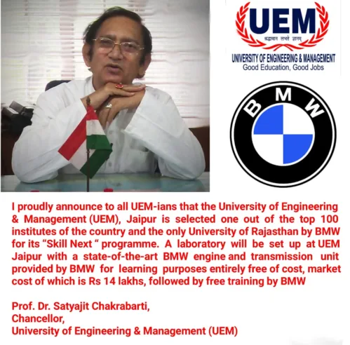 UEM Jaipur has been selected 1 out of the 100 institutes of the country, and the only University of Rajasthan by BMW for its “Skill Next” programme, launched by cricket legend Sachin Tendulkar