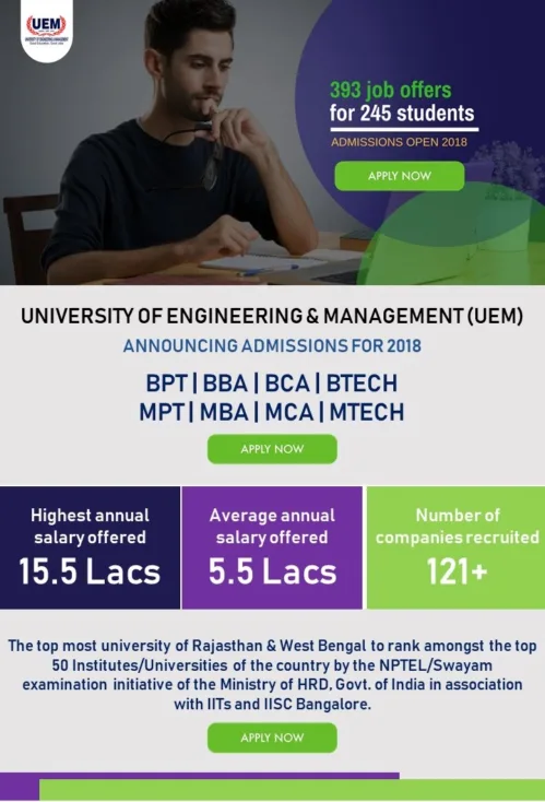 BPT | B.Tech | BBA | BCA | MPT | M.Tech | MBA | MCA courses at the UEM Jaipur
