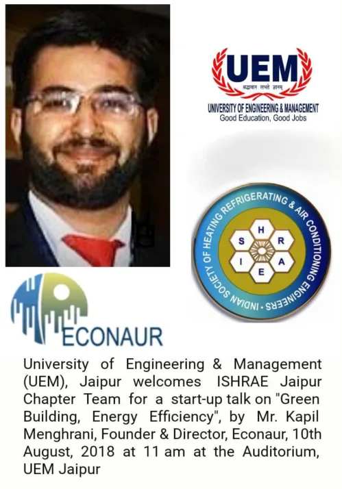 UEM Jaipur welcomes ISHRAE Jaipur Chapter Team for a start-up talk by Mr. Kapil Menghrani, Founder & Director, Econaur