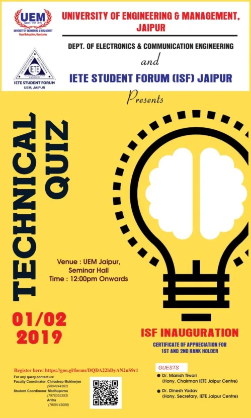 Technical Quiz competition on IETE inaugration day at UEM Jaipur on 1st and 2nd February 2019