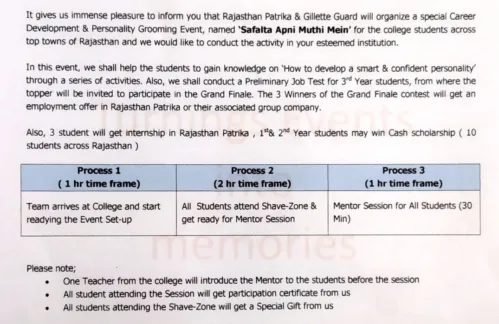 Rajasthan Patrika in association with Gillette Guard will organise a special Career Development & Personality Grooming Event