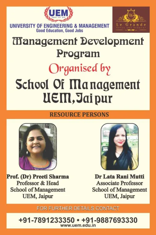 The School of Business Studies, UEM Jaipur organised a MDP at Hotel Le Grande, Jaipur