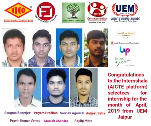 Congratulations to the Internshala (AICTE platform) selectees for the month of April, 2019 from the UEM Jaipur