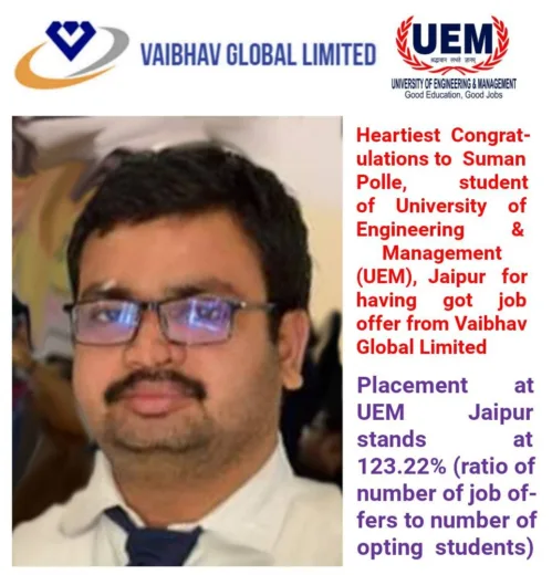 Suman Polle, student of UEM Jaipur got job offer from Vaibhav Global Limited