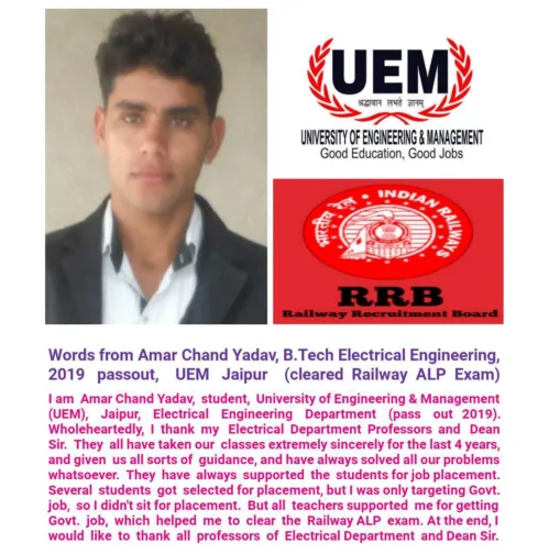 Words from Amar Chand Yadav, alumnus of UEM Jaipur