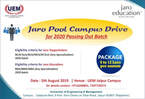 UEM Jaipur hosting a pool campus of jaro group for Rajasthan at the University premises on 5th August, 2019