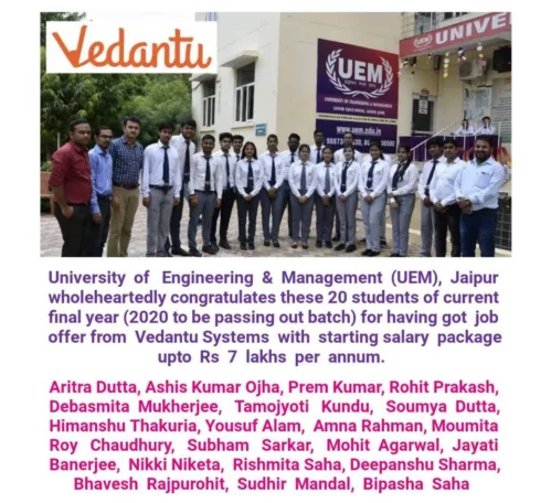 UEM Jaipur congratulates these 20 students of 2020 to be passing out batch for having got job offer from Vedantu Systems