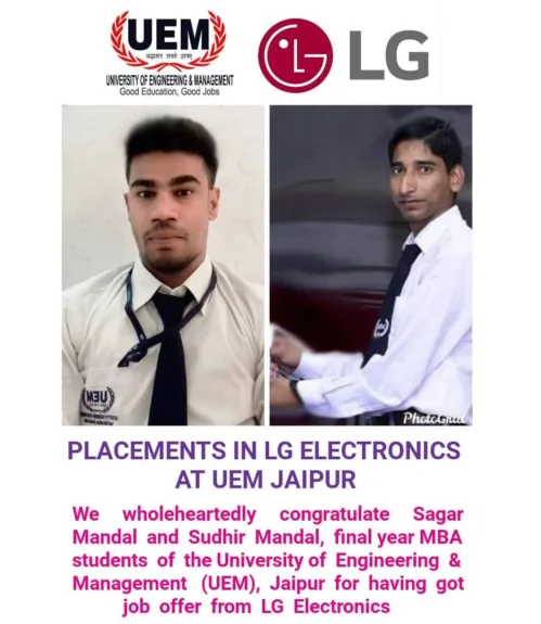 Sagar Mandal and Sudhir Mandal, final year MBA students of UEM Jaipur for getting job offer from LG Electronics