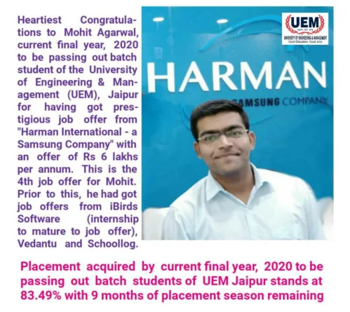 Mohit Agarwal, current final year, 2020 to be passing out batch student of UEM Jaipur acquired prestigious job offer from Harman International – a Samsung company