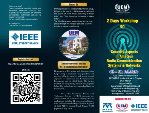 2 Day IEEE Workshop on “security aspects in Amateur radio communication systems and networks” on 4th-5th Feb, 2020 at UEM Jaipur