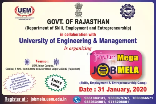 The Jaipur Mega Job Mela, 2020 to be held on 31st January, 2020