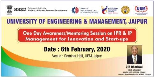 “One-day Awareness/Mentoring Session on IPR & IP Management for Innovation and start-ups in the campus” is being organized by IEM Jaipur