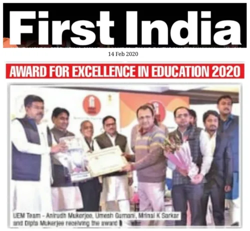 The Award for “Excellence in Employability and Placement of students” was given to UEM Jaipur by the leading media house of Rajasthan – First India News