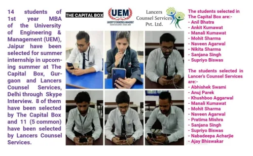 14 students of 1st year MBA of the UEMJaipur have been selected for summer internship in upcoming summer at The Capital Box, Gurgaon and Lancers Counsel Services, Delhi through Skype Interview