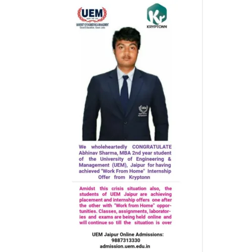 Abhinav Sharma, 2nd year MBA student of the UEM Jaipur for having acquired “Work From Home” Internship Offer from Kryptonn.