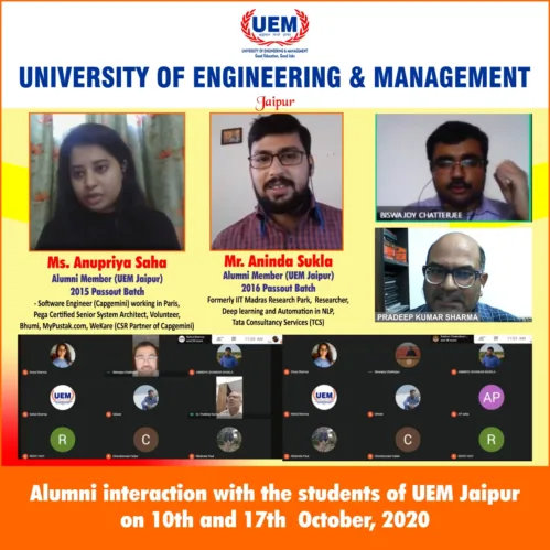 Motivational talks from alumni members of the University of Engineering & Management (UEM), Jaipur were held for the current students of the University on 10th and 17th October, 2020.
