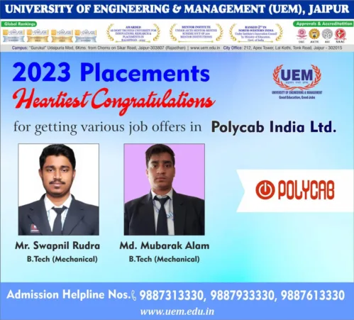 Heartiest Congratulations Swapnil Rudra – B.Tech (Mechanical), Md. Mubarak Alam – B.Tech (Mechanical), students of the University of Engineering & Management (),  for having acquired job offer in Polycab India Ltd.        .