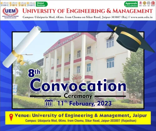 Dear students of 2022 pass out batch of UEM JAIPUR…… We are all eagerly waiting to meet you at your Convocation function followed by a post-Convocation party at your Alma Mater UEM JAIPUR on 11th February, 2023.