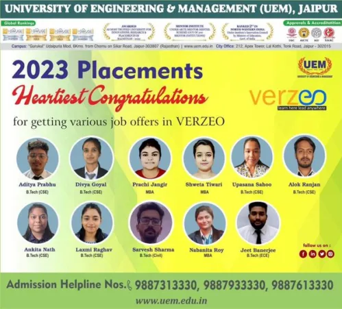Heartiest congratulations to the students of the University of Engineering & Management (UEM), JAIPUR 2023 passing out batch, for having acquired wonderful job offers. In 2022, students had acquired wonderful job offers too at UEM JAIPUR.