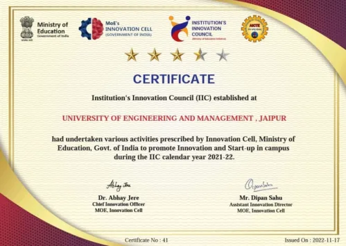 University of Engineering & Management (UEM), Jaipur has done again excellently in the Institution’s Innovation Council (IIC) of MIC, Ministry of Education (MoE), Government of India and received overall 3.5 stars for the activities performed during 2021-22. UEM Jaipur is amongst the top 5 institutions of the region again.