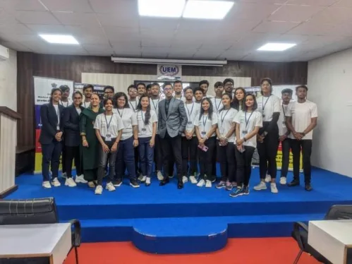 The Inaugural Session of ‘  ’-    commenced with Saraswati Vandana by Gargi Biswas (BTech I CSE) followed by felicitation of the Keynote Speaker and Guest of Honour, Mr Kuldeep Singhania, Actor, Influencer, Entrepreneur, Digital Content Creator, CEO of The K Factor Productions and K Studios (with 7 million fan) by Prof. (Dr) Pradeep Sharma, Registrar, UEM Jaipur, Prof. (Dr) Anirrudh Mukherjee, Dean-Academics, UEM Jaipur and Prof. (Dr) Mukesh Yadav, HoD, Department of English, UEM Jaipur. The Program was followed by Welcome Address by the dignitaries.