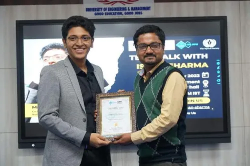 TECH TALK WITH ISHAN SHARMA AT UNIVERSITY OF ENGINEERING AND MANAGEMENT, JAIPUR UEM Jaipur ACM Student Chapter & Department Of Computer Science & Engineering, UEM Jaipur in association with The Speech Society (TSS) organised A Tech Talk By Mr. Ishan Sharma, Co-Founder MarkitUp Content Creator Youtuber with 720K+ Subscribers on 22nd February, 2023.