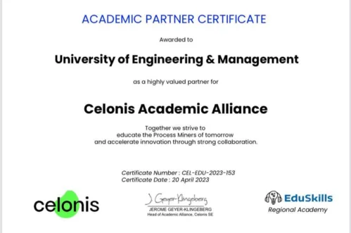 University of Engineering & Management (UEM) JAIPUR has been awarded with the ACADEMIC PARTNER CERTIFICATE for being the highly valued partner for CELONIS ACADEMIC ALLIANCE program by CELONIS in association with EduSkills