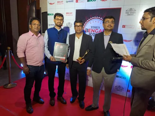 Vice-Chancellor of UEM JAIPUR (Prof. Dr. Biswajoy Chatterjee) with his colleagues Mr. Sankar Sing – Senior Manager: Corporate Relations, Prof. Sayak Pramanik – HoD: Centre for Emerging Studies, Mr. Raja Sarkar – Senior Manager: Corporate Relations, UEM JAIPUR after receiving award for outstanding institute from The Times Group (The Times of India).