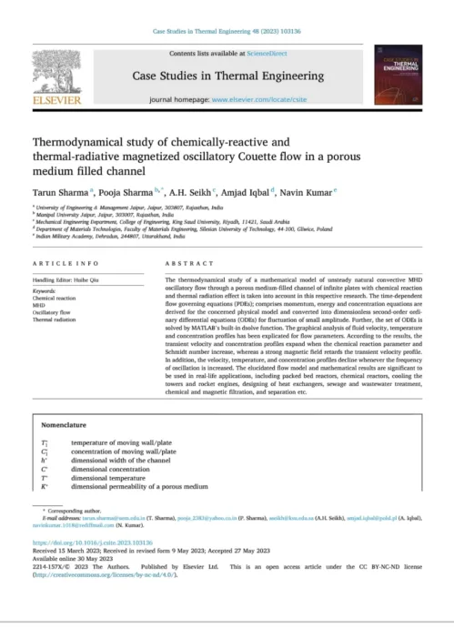 Next research paper of Prof. Dr. Tarun Sharma, University of Engineering & Management, (UEM), JAIPUR, entitled “Thermodynamical study of chemically-reactive and thermal-radiative magnetized oscillatory Couette flow in a porous medium filled channel” has been published in Journa