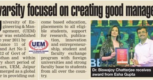 An article published in today’s edition (24th May, 2023) of “Times of India” newspaper, where Vice-Chancellor, University of Engineering & Management (UEM), JAIPUR, Prof. Dr.Biswajoy Chatterjee is receiving the Times Business Award for the Best University.