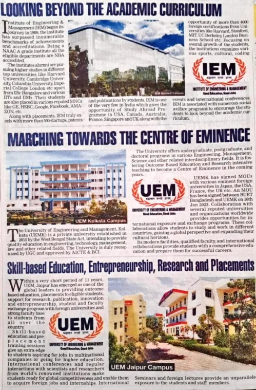 Congratulations to all family members of IEM-UEM Group  Times Engineering Ranking 2023  Top 170 – Govt and Private – All India Ranking IEM Kolkata Rank 7 UEM Jaipur Rank 29 UEM Kolkata Rank 45