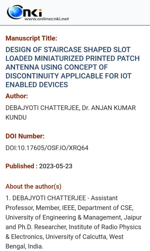 Prof. Debajyoti Chatterjee, Department of Computer Science & Engineering ,UEM Jaipur has published his research paper in Journal of Jilin University (Engineering and Technology edition)— A scopus indexed Q2 journal, funded by Govt. Of China.