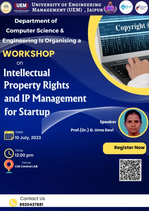 Codesta Coding Club of the University of Engineering & Management (UEM), JAIPUR, in association with IIC, and ACM Student Chapter UEMJ, has organized this workshop on “Intellectual Property Rights and IP Management for startup” for students of B.Tech CSE & AIML. Session was taken by Prof. (Dr.) G. Uma Devi. In this workshop, students learnt how IP rights such as patents, trademarks, and copyrights can provide legal protection for your own innovations, preventing others from copying or imitating them without permission.