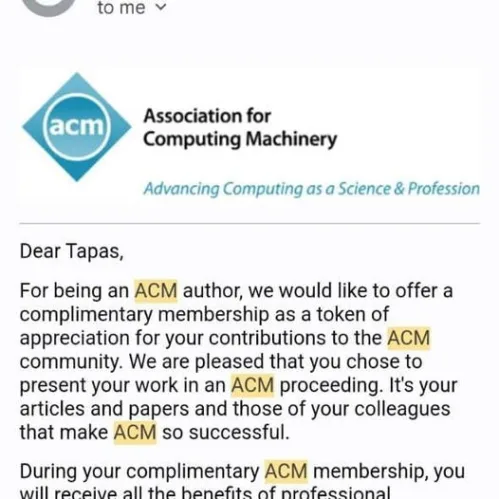 Dr. Tapas Si, University of Engineering & Management (UEM), JAIPUR has been offered complimentary membership to Association for Computing Machinery (ACM, USA), as a token of appreciation for his contributions to ACM community.