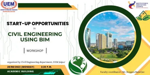 Workshop on “Start-up opportunities in Civil Engineering using BIM” was organized by the Department of Civil Engineering University of Engineering & Management (UEM), JAIPUR on 28th August, 2023.