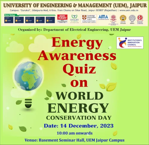 To observe Energy Conservation Day at University of Engineering & Management, Jaipur, Department of Electrical Engineering in association with Institution’s Innovation Council organized an ” Energy Awareness Quiz”, on Dec.14, 2023.