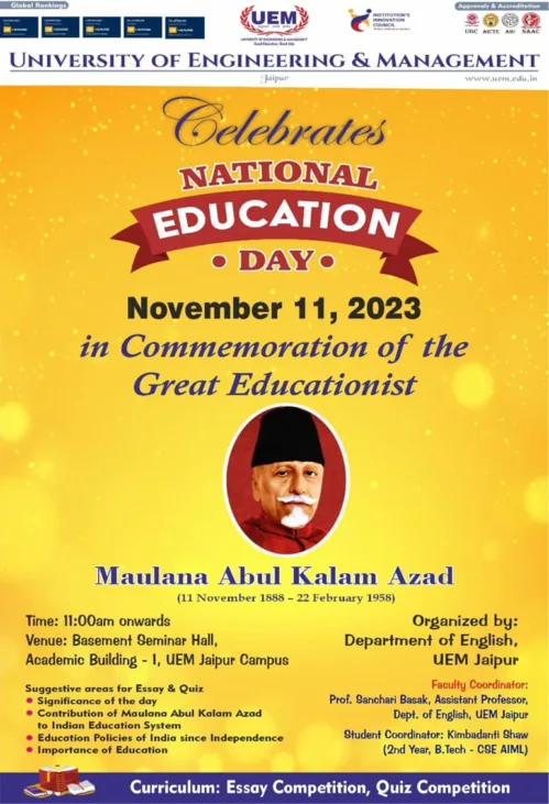 University of Engineering and Management, Jaipur organized an essay writing competition in association of IIC on 11th November 2023 to celebrate the National Education Day.