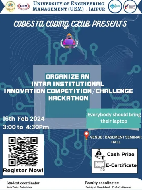 Codesta Coding Club of University of Engineering and Management, Jaipur in association with IIC, IQAC and ACM UCMJ CHAPTER organized an Intra Institutional Idea Competition/Challenge/Hackathonon