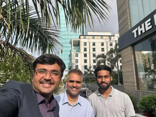 Rishikant Singh, student of the University of Engineering & Management (UEM), Jaipur, who passed out of the University last year in 2023, with Prof. Dr. Biswajoy Chatterjee and Sachin Pandey.