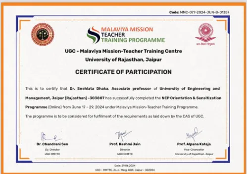 Dr Snehlata Dhaka, Associate Professor, Department of English has successfully completed the NEP Orientation & Sensitisation.