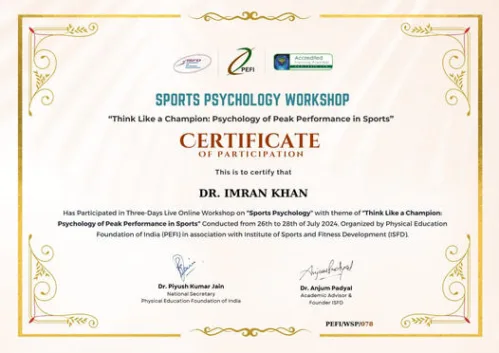Dr. Imran Khan from the Department of Physiotherapy successfully completed a three-day workshop on sports psychology with the theme “Think Psychology of Peak Performance in Sports.”