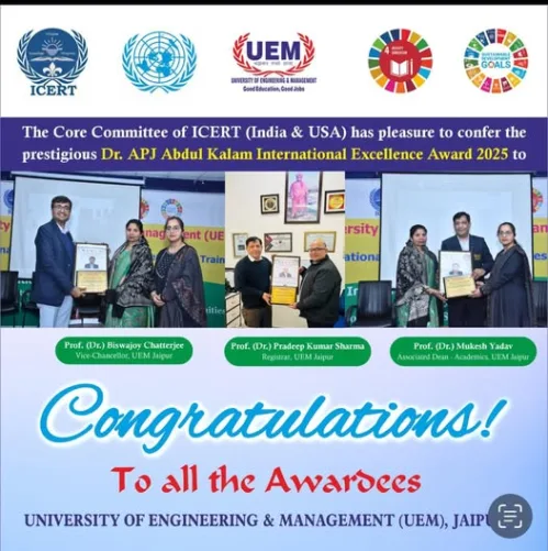 We extend our warmest congratulations to Prof. (Dr.) Biswajoy Chatterjee, Vice Chancellor, University of Engineering and Management, Jaipur