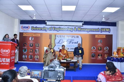 The University of Engineering and Management (UEM), Jaipur proudly hosted UEM LitFest 2025 in collaboration with Voices, bringing together an inspiring assembly of literary minds, scholars, and creative voices. This year’s theme, “A Journey from Puranas to New Stories,” beautifully connected classical narratives with contemporary storytelling.